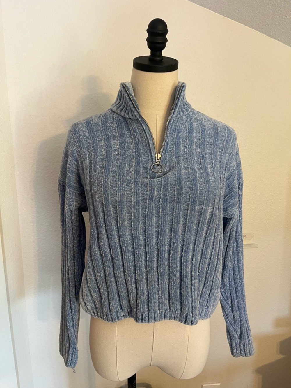 Pink Rose Light Blue Ribbed Half-Zip Turtleneck Sweater